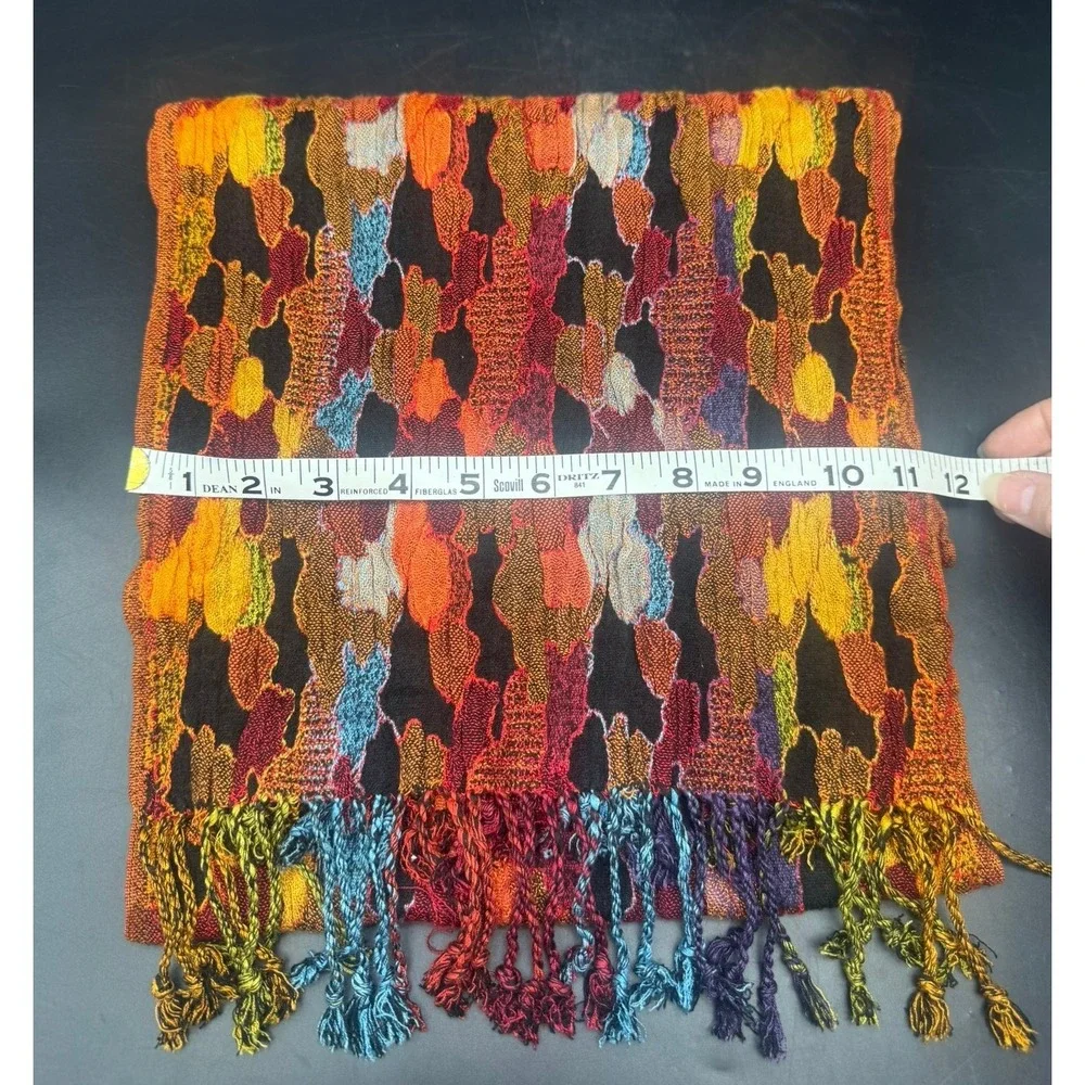 Rapti Colorful Reversible Oblong Silk Blend Scarf Twisted Fringe 80